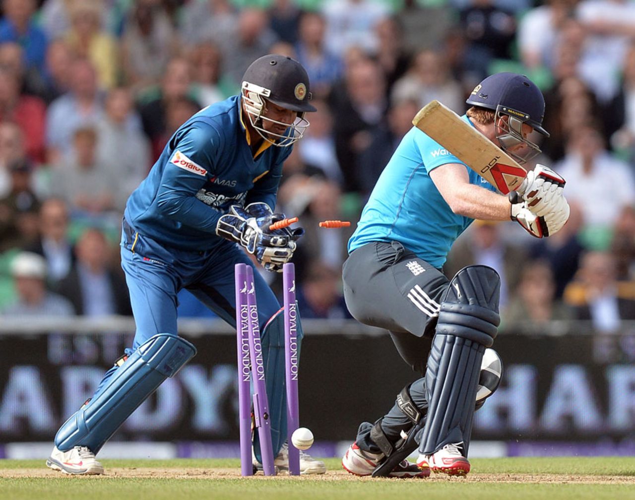 Eoin Morgan was promoted in the batting order but played on for just 3, England v Sri Lanka, 1st ODI, The Oval, May 22, 2014