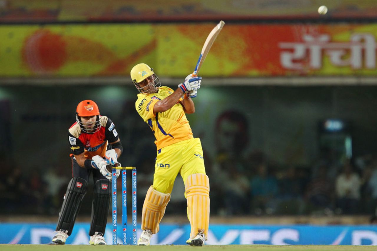 MS Dhoni hammers the ball down the ground, Chennai Super Kings v Sunrisers Hyderabad, IPL 2014, Ranchi, May 22, 2014