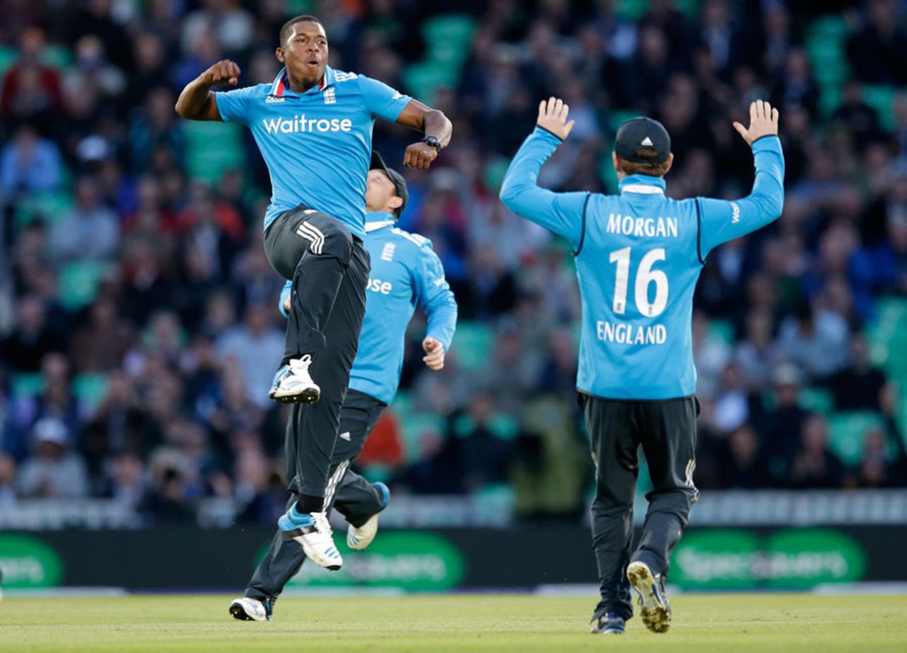 Chris Jordan celebrates the wicket of Dinesh Chandimal, England v Sri Lanka, 1st ODI, The Oval, May 22, 2014