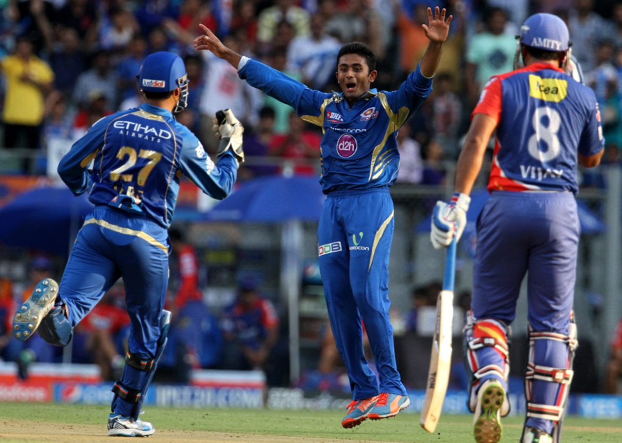 Shreyas Gopal celebrates getting M Vijay stumped, Mumbai Indians v Delhi Daredevils, IPL 2014, Mumbai, May 23, 2014