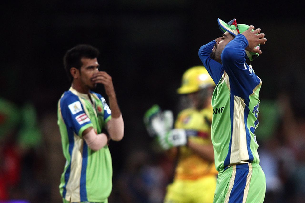 Virat Kohli and Yuzvendra Chahal are distraught after their caught-behind appeal against Faf du Plessis is given not out, Royal Challengers Bangalore v Chennai Super Kings, IPL 2014, Bangalore, May 24, 2014