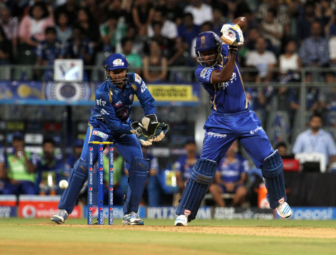 Sanju Samson attacks off the back foot, Mumbai Indians v Rajasthan Royals, IPL 2014, Mumbai, May 25, 2014