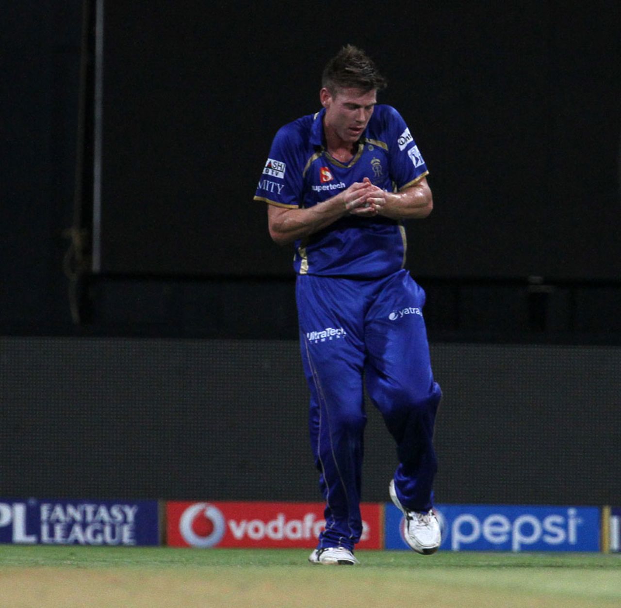 James Faulkner takes the catch to dismiss Lendl Simmons, Mumbai Indians v Rajasthan Royals, IPL 2014, Mumbai, May 25, 2014