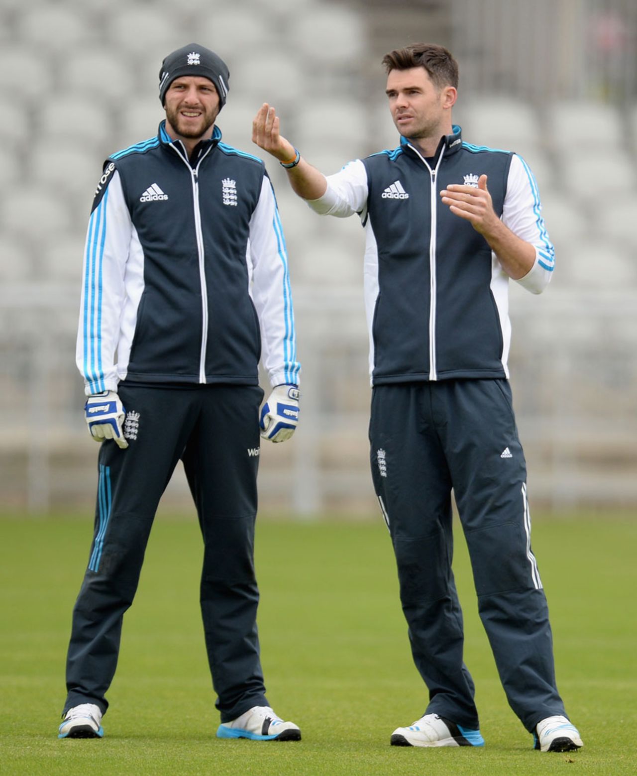 Harry Gurney and James Anderson discuss tactics in training, Old Trafford, May 27, 2014