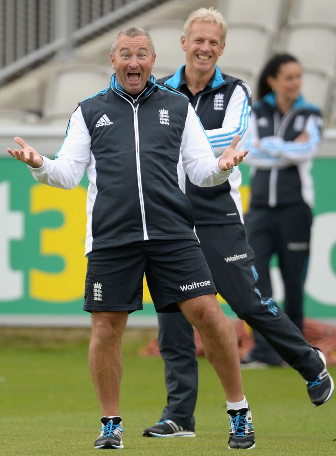 Are you having a laugh? Paul Farbrace and Peter Moores enjoy a lighter moment, Old Trafford, May 27, 2014