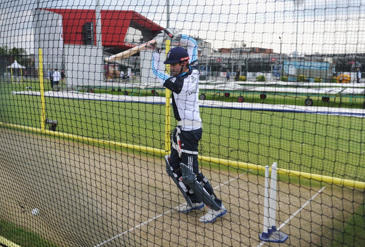 Alastair Cook takes part in a net session, Old Trafford, May 27, 2014