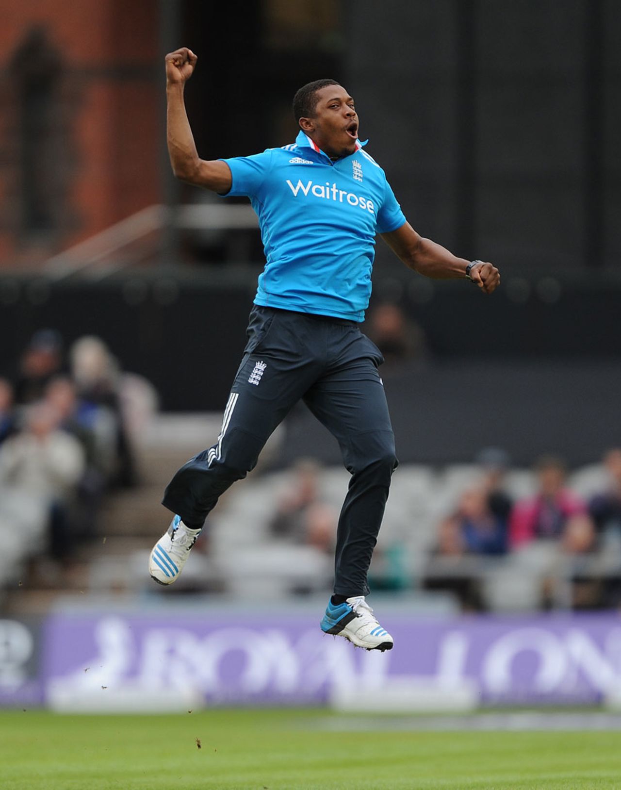 Chris Jordan leaps in celebration of a five wicket haul, England v Sri Lanka, 3rd ODI, Old Trafford, May 28, 2014