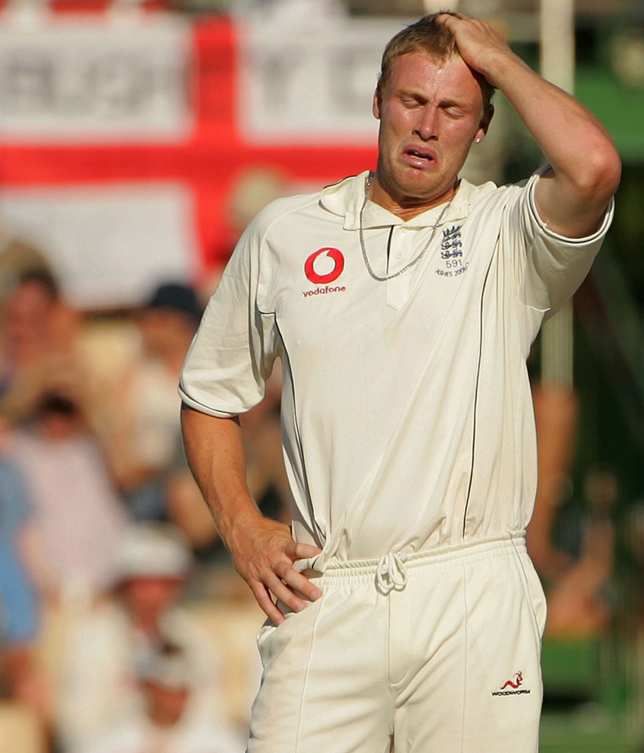 Andrew Flintoff is in despair after a fielding error, England v Australia, 2nd Test, Adelaide, 5th day, December 5, 2006