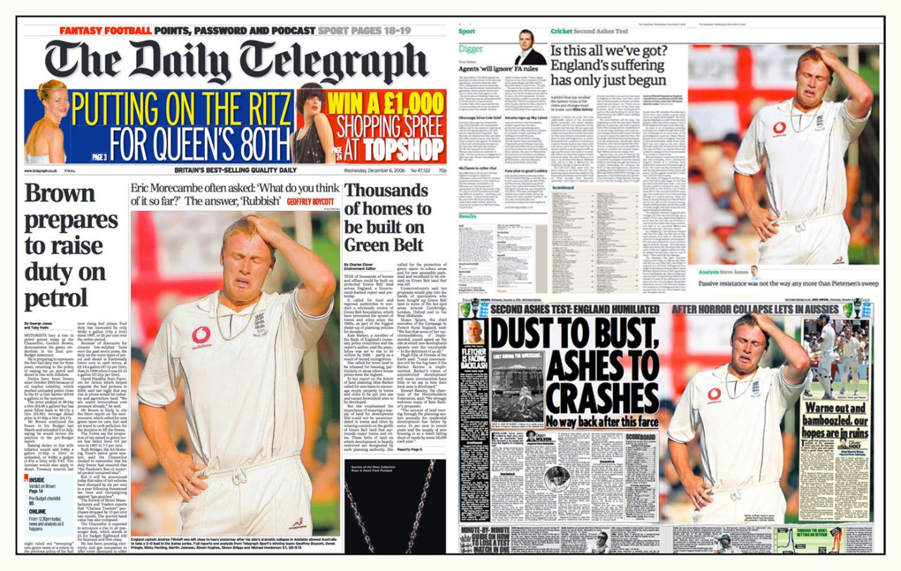 Newspapers report on England's Adelaide woes, England v Australia, 2nd Test, Adelaide, 5th day, December 5, 2006