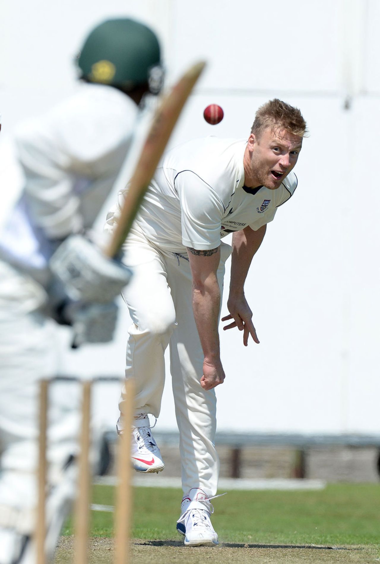 Look who's back... Andrew Flintoff bowling for St Annes on his return, May 31, 2014