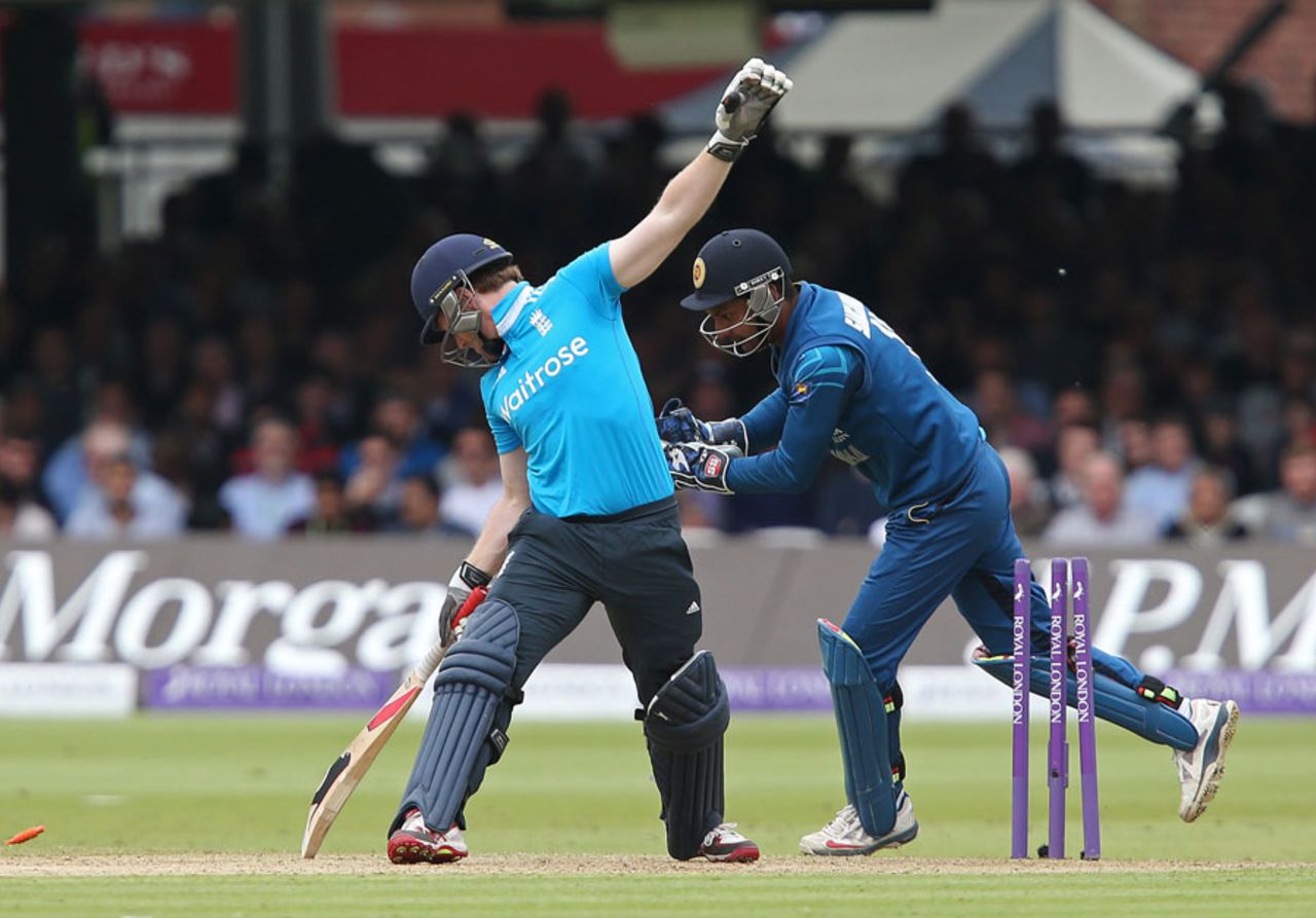 Eoin Morgan was caught out of his ground by Kumar Sangakkara, England v Sri Lanka, 4th ODI, Lord's, May 31, 2014