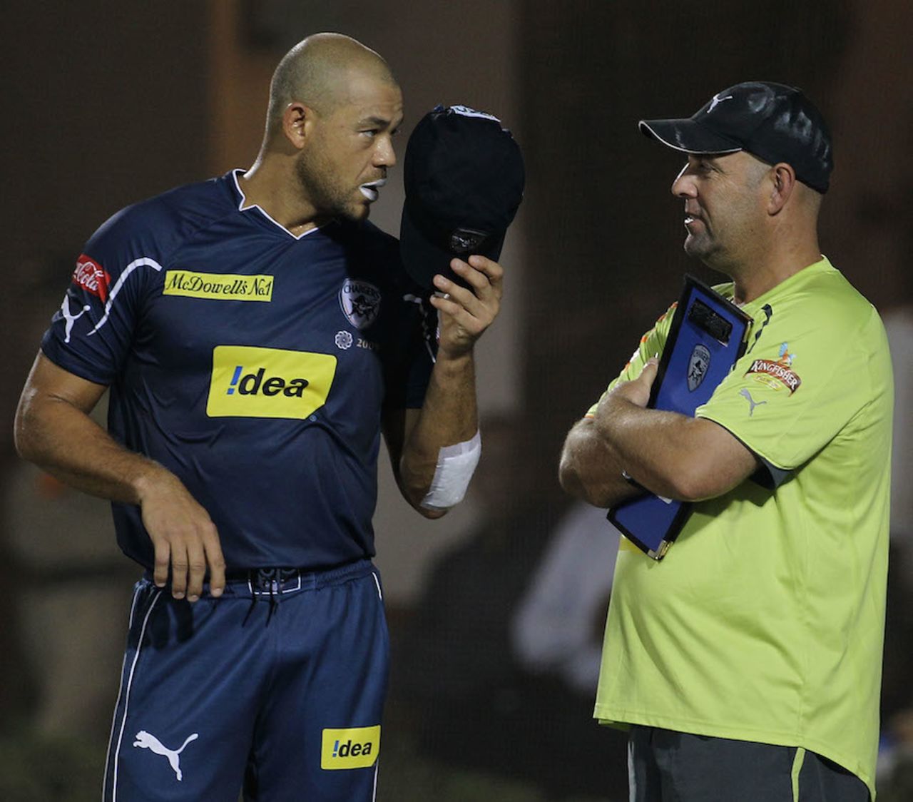Andrew Symonds and Darren Lehmann chat on the sidelines, Mumbai Indians v Deccan Chargers, IPL, Mumbai, Apr 3, 2010