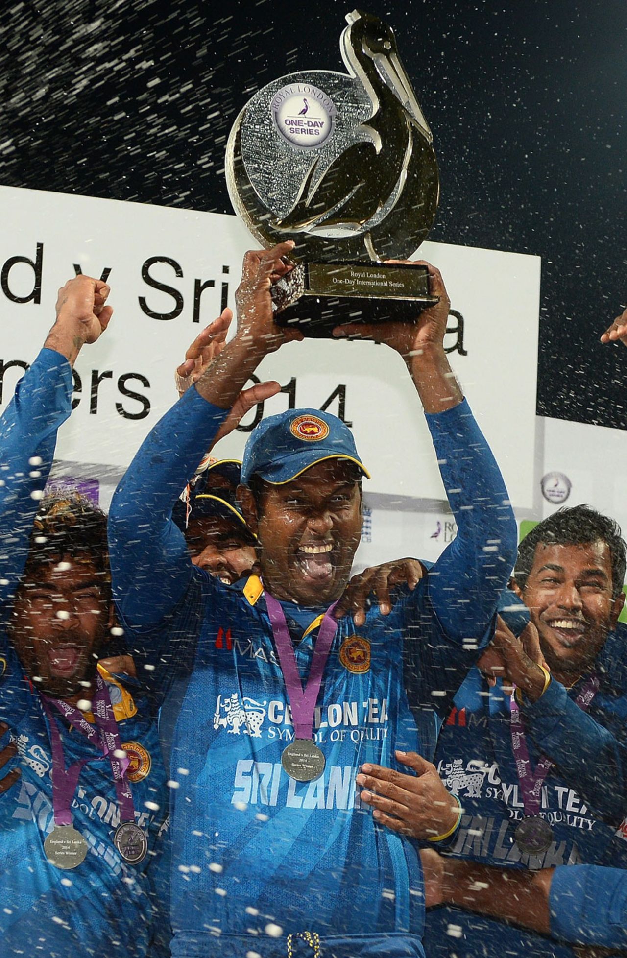 Angelo Mathews holds the series trophy aloft, England v Sri Lanka, 5th ODI, Edgbaston, June 3, 2014