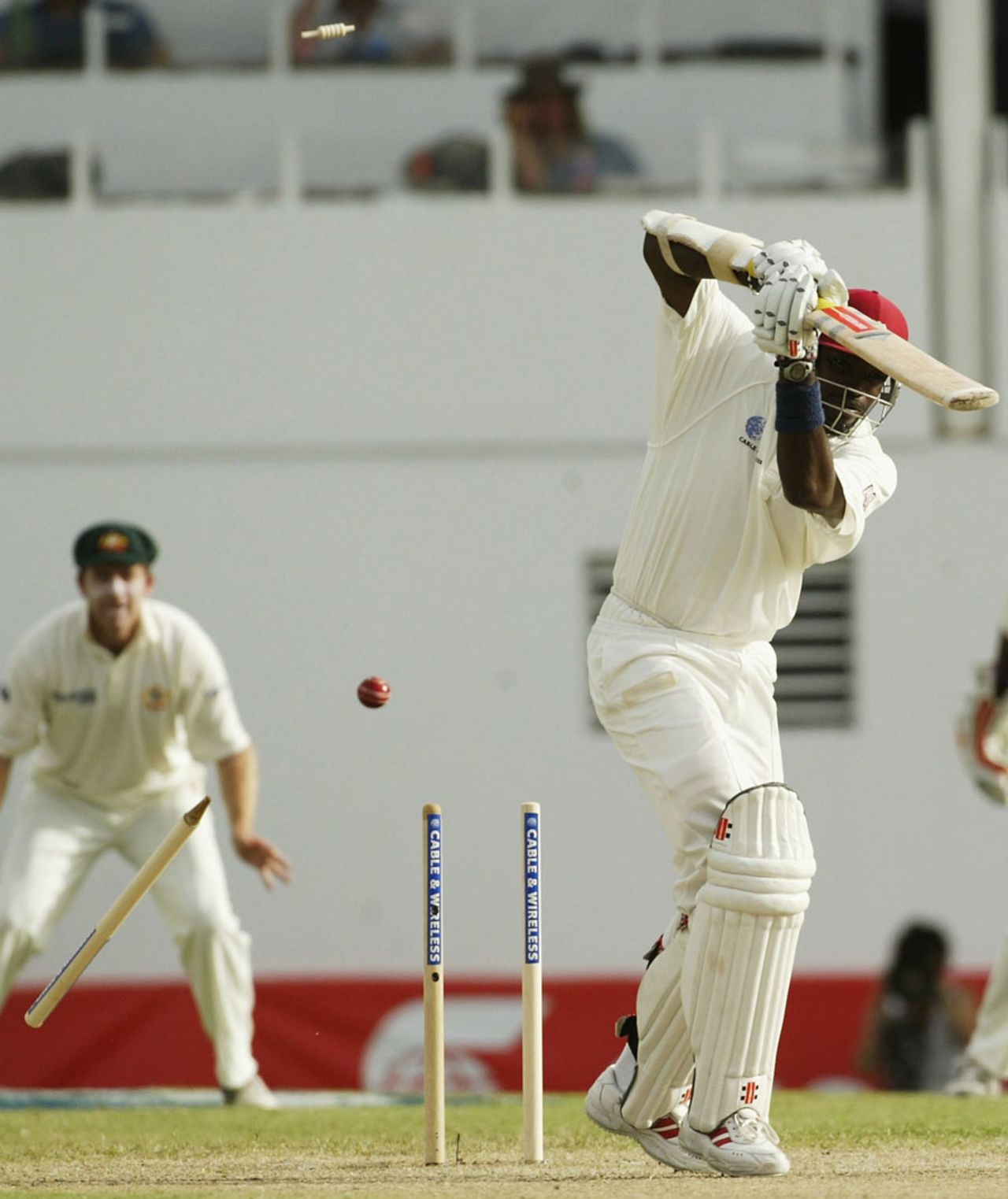Chris Gayle is bowled by Glenn McGrath for a duck, West Indies v Australia, 4th Test, 1st day, St Johns, Antigua, May 9, 2003