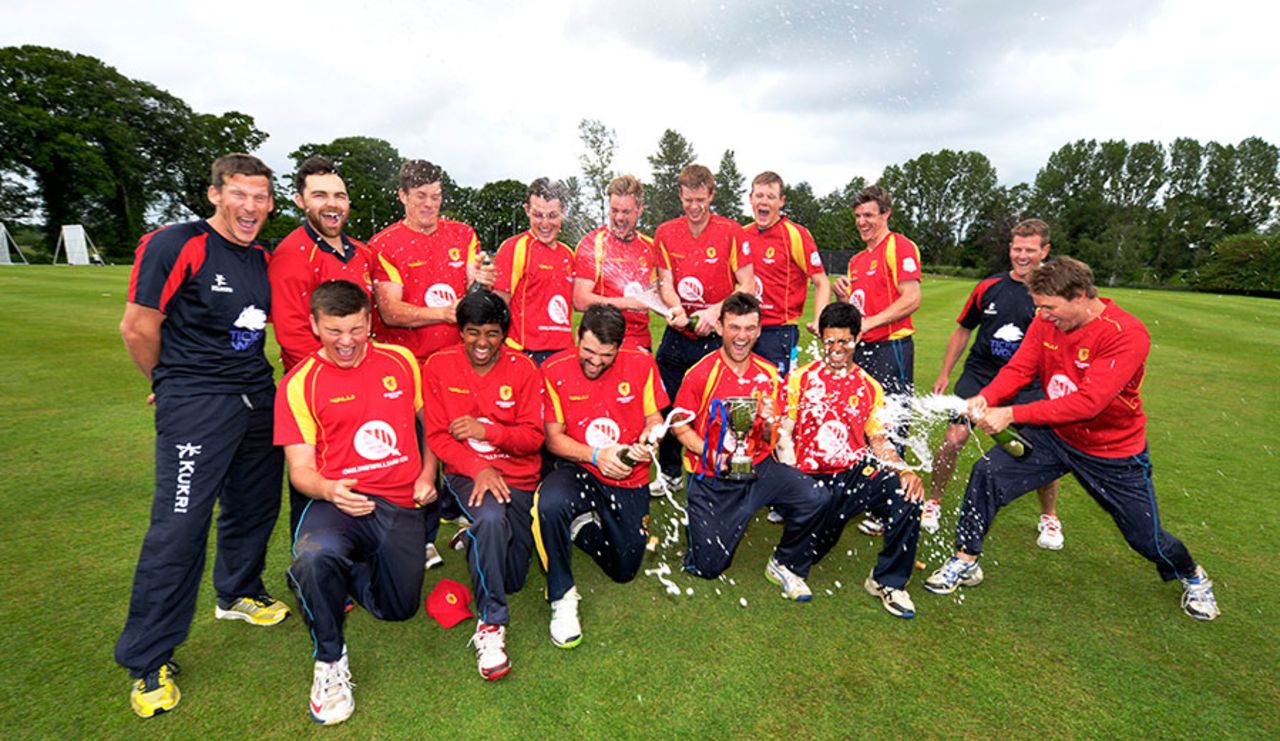 The Highlanders squad celebrate after winning the North Sea Pro T20 Series with a game in hand, Reivers v Highlanders, North Sea Pro T20 Series, Dumfries, June 2, 2014