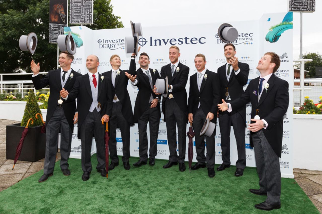 England cricketers in morning dress for the Investec Derby, Epsom, June 7, 2014