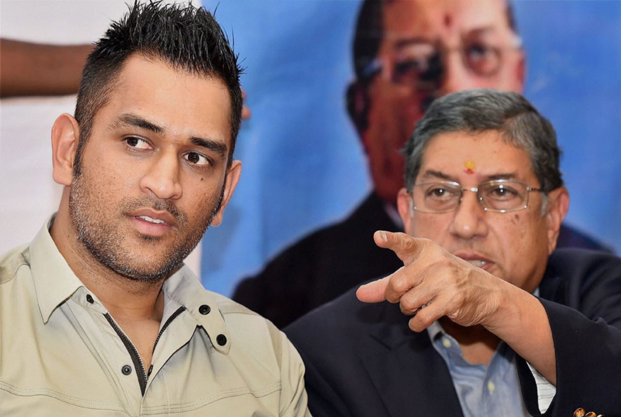 MS Dhoni and N Srinivasan at a promotional event in Chennai, June 8, 2014