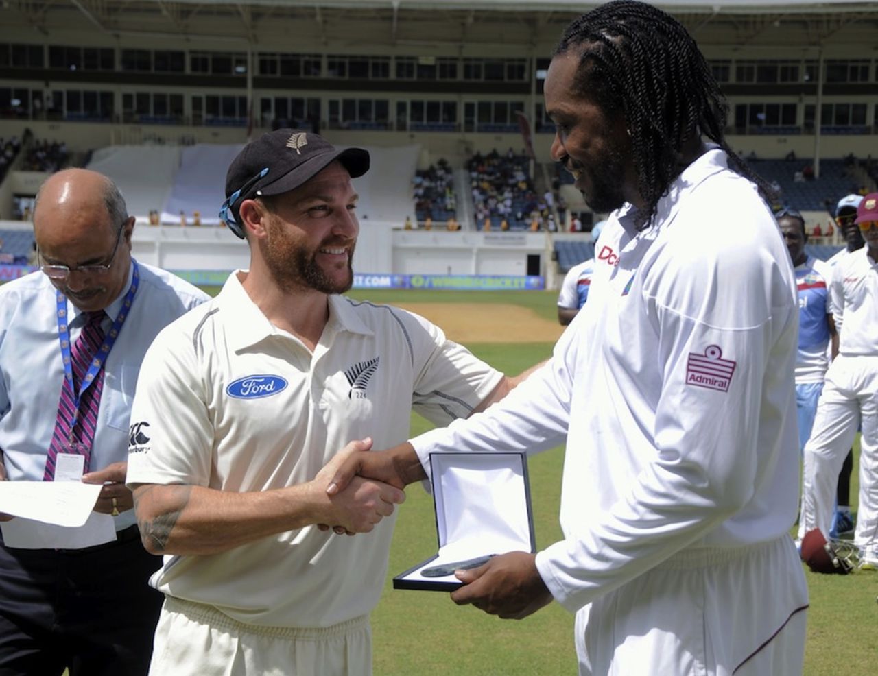 Brendon McCullum gives Chris Gayle a memento for his 100th Test, West Indies v New Zealand, 1st Test, Kingston, 1st day, June 8, 2014