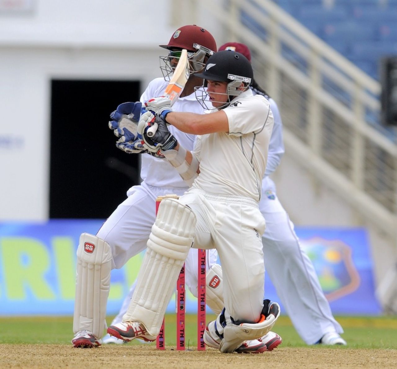 Tom Latham pulls during his half-century, West Indies v New Zealand, 1st Test, Kingston, 1st day, June 8, 2014