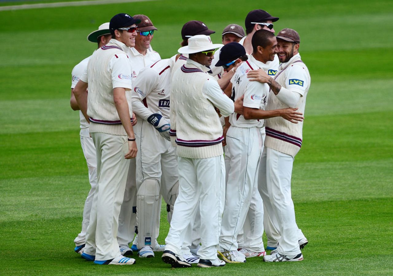 Alfonso Thomas is congratulated on his hat-trick, Somerset v Sussex, County Championship, Division One, Taunton, 3rd day, June 10, 2014