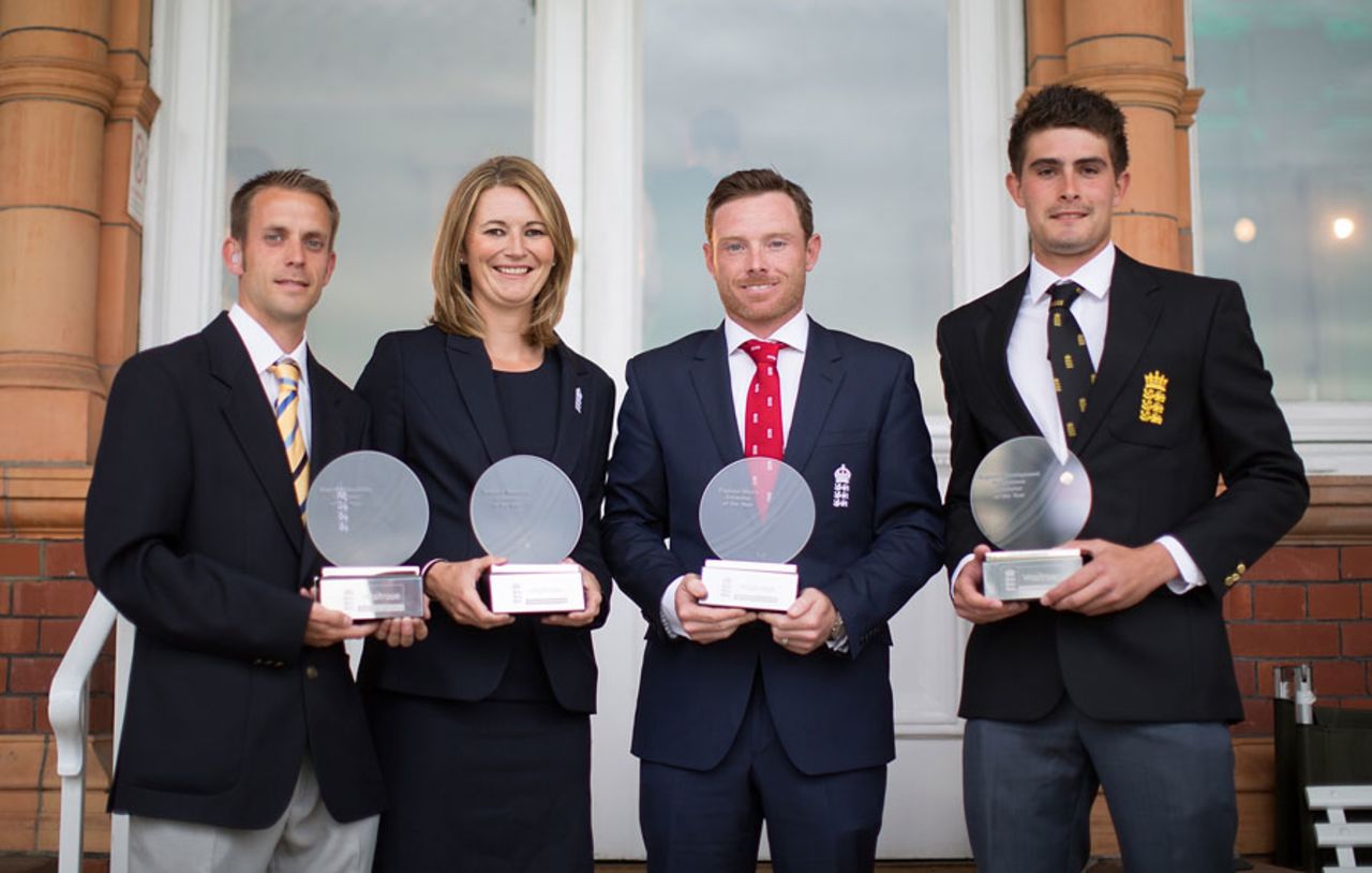 Stephen George, Charlotte Edwards, Ian Bell and Will Rhodes pose with their awards, Lord's, June 9, 2014
