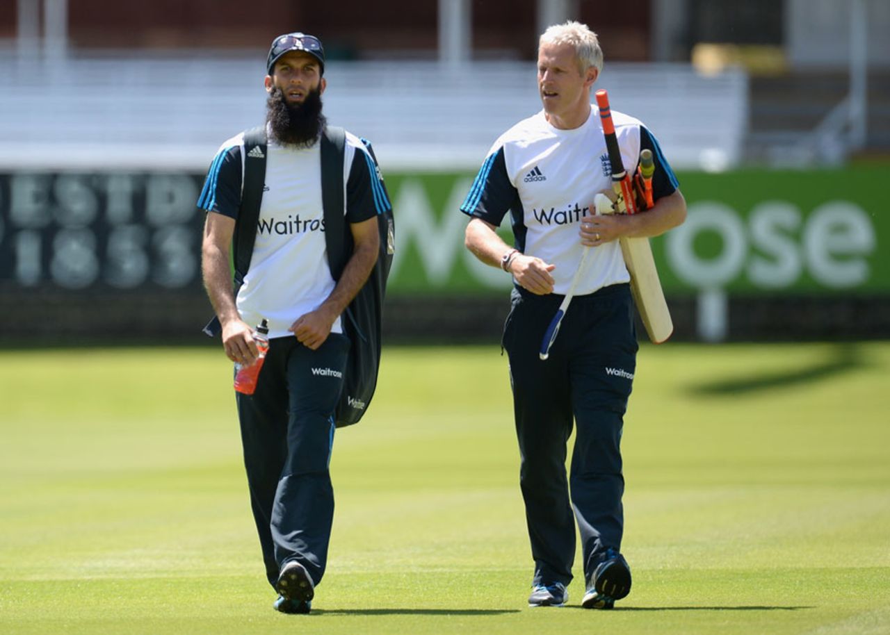 Moeen Ali and Peter Moores head to England nets, Lord's, June 10, 2014