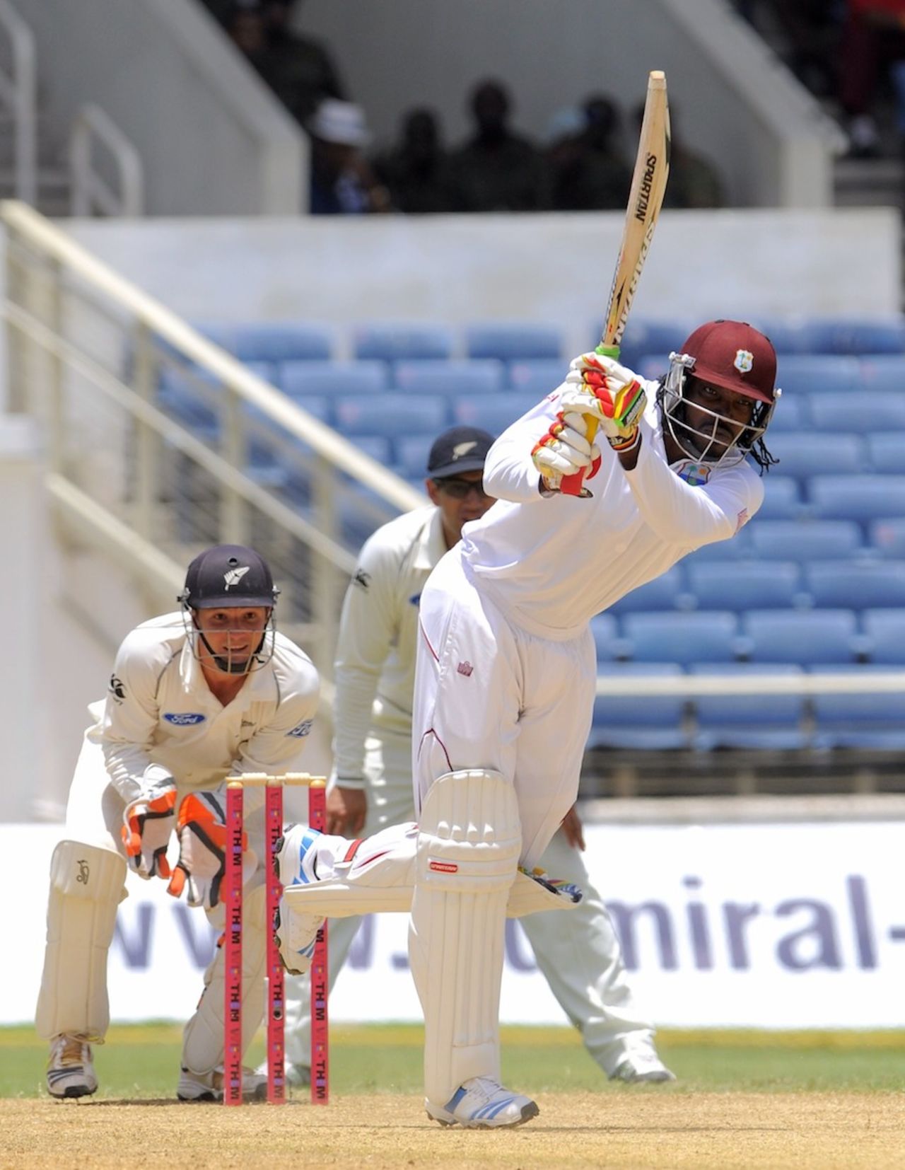 Chris Gayle hits down the ground, West Indies v New Zealand, 1st Test, Kingston, 3rd day, June 10, 2014