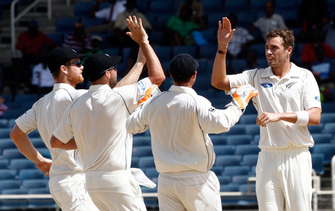 Tim Southee celebrates getting Kieran Powell for a duck, West Indies v New Zealand, 1st Test, Kingston, 4th day, June 11, 2014