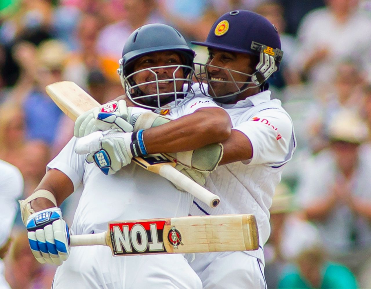 Kumar Sangakkara gets a hug from his mate Mahela Jayawardene, England v Sri Lanka, 1st Investec Test, Lord's, 3rd day, June 14, 2014