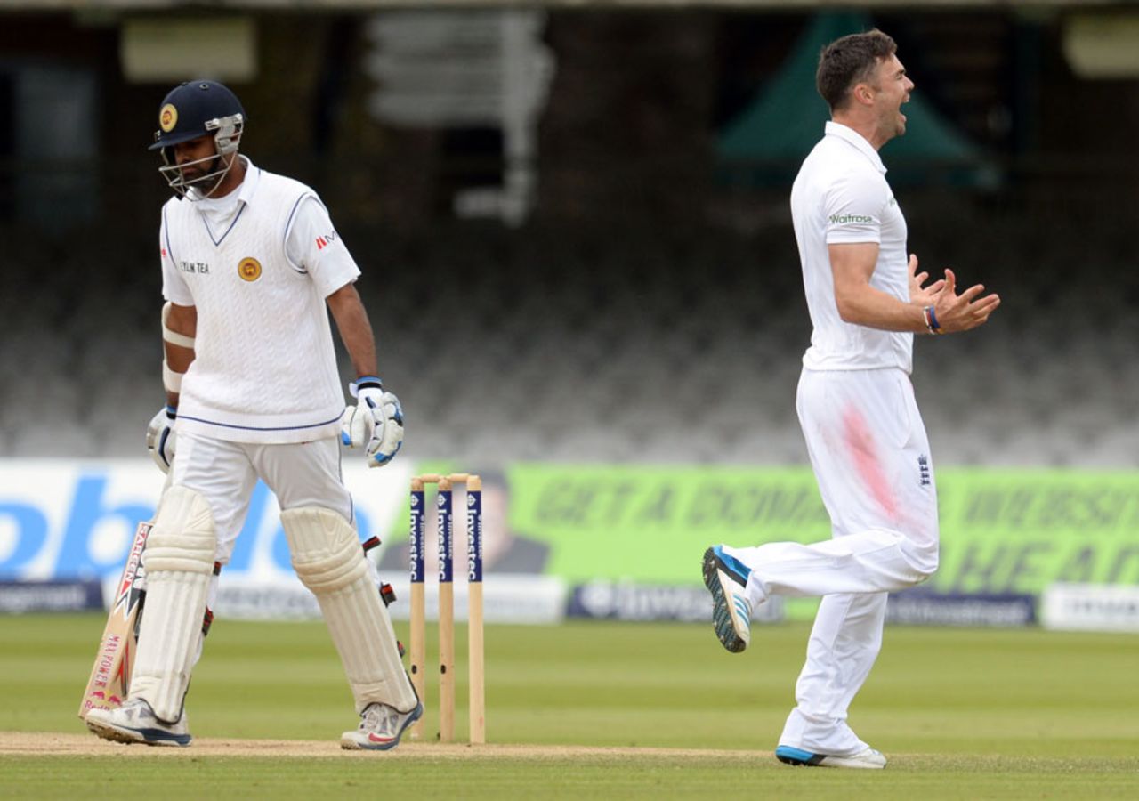 James Anderson celebrates the wicket of Lahiru Thirimanne, England v Sri Lanka, 1st Investec Test, Lord's, 5th day, June 16, 2014
