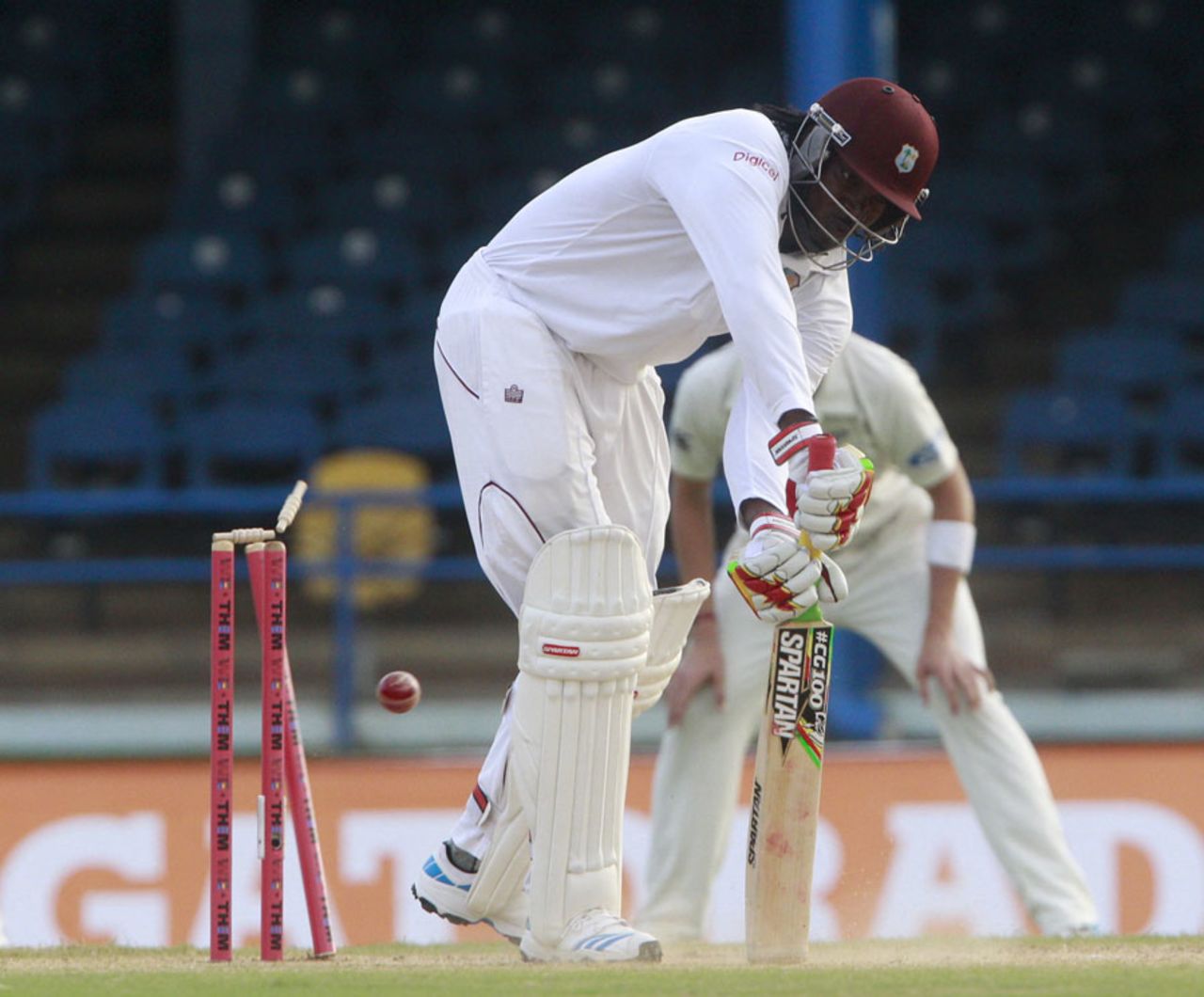 Chris Gayle is bowled, West Indies v New Zealand, 2nd Test, Trinidad, 1st day, June 16, 2014