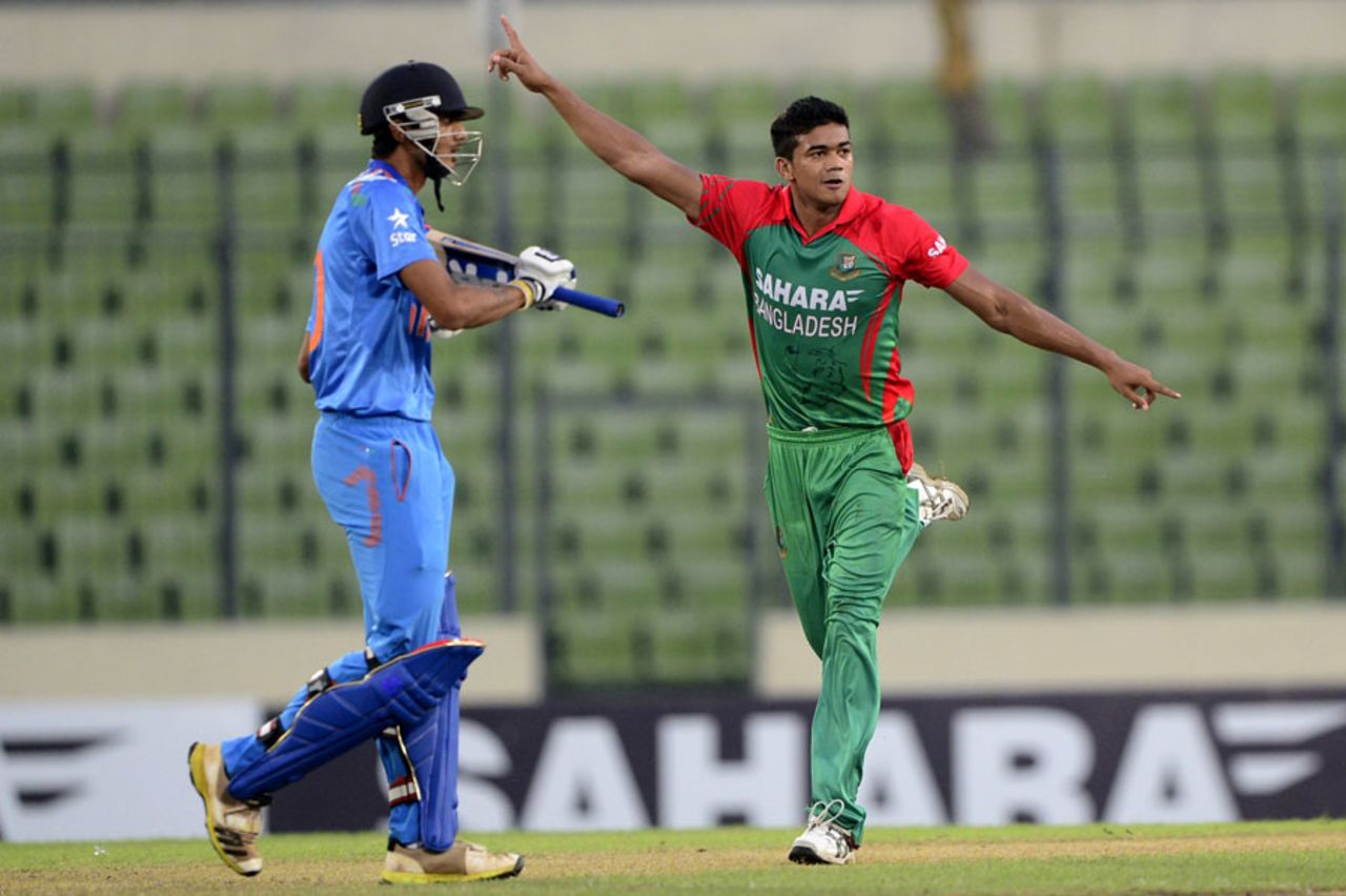 Taskin Ahmed wheels away in celebration after dismissing Akshar Patel, Bangladesh v India, 3rd ODI, Mirpur, June 19, 2014