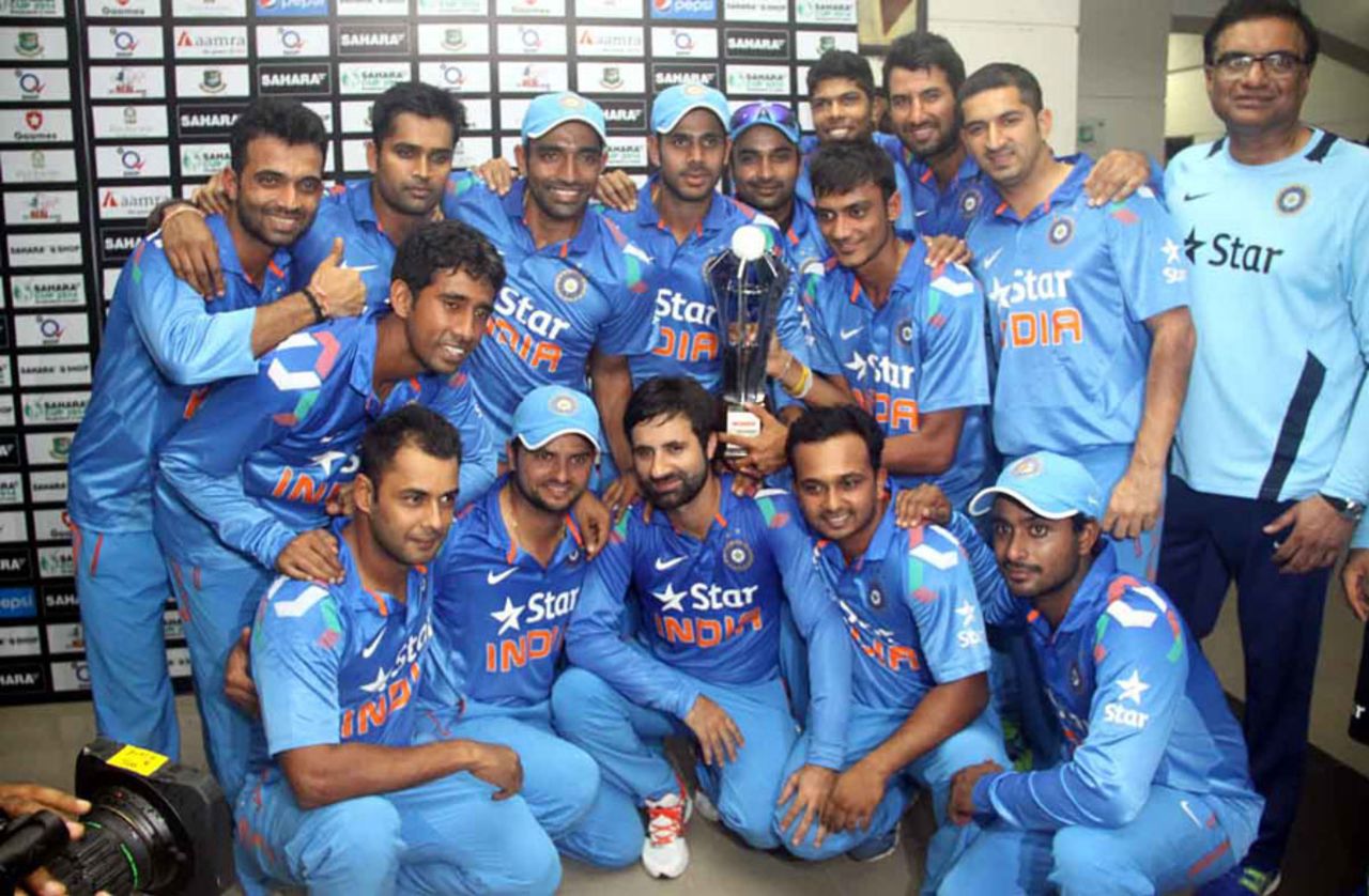 India pose with the series trophy, Bangladesh v India, 3rd ODI, Mirpur, June 19, 2014