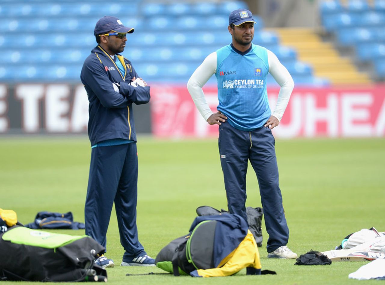 Mahela Jayawardene and Kumar Sangakkara watch on at Sri Lanka practice, Headingley, June 19, 2014