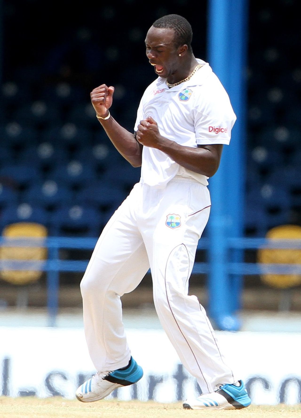 Kemar Roach celebrates dismissing Kane Williamson, West Indies v New Zealand, 2nd Test, Trinidad, 4th day, June 19, 2014