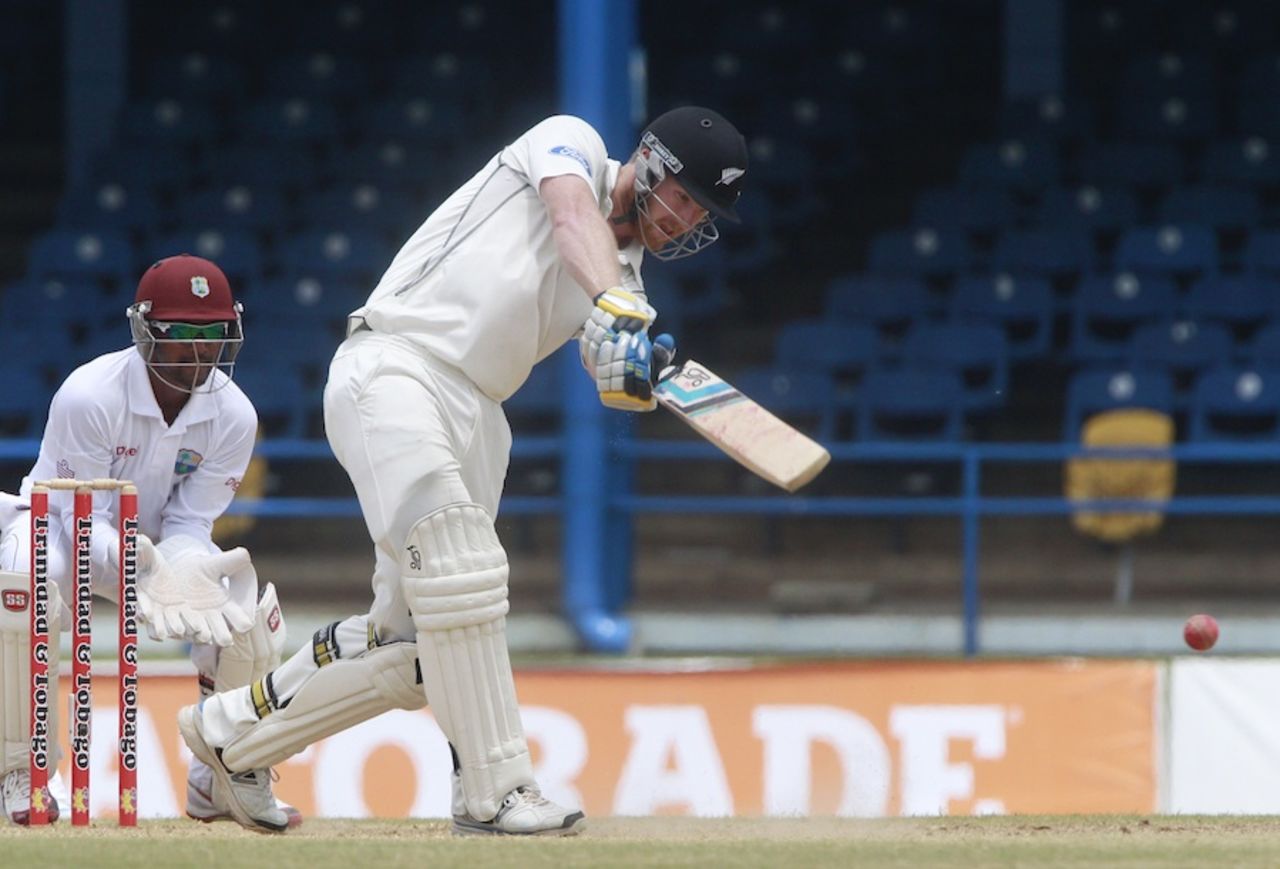 Jimmy Neesham was caught and bowled playing this shot, West Indies v New Zealand, 2nd Test, Trinidad, 4th day, June 19, 2014