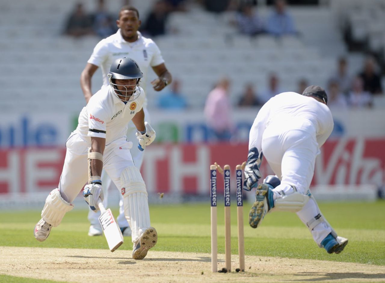 Matt Prior couldn't collect as a chance to run out Kumar Sangakkara was missed, England v Sri Lanka, 2nd Investec Test, Headingley, 1st day, June 20, 2014
