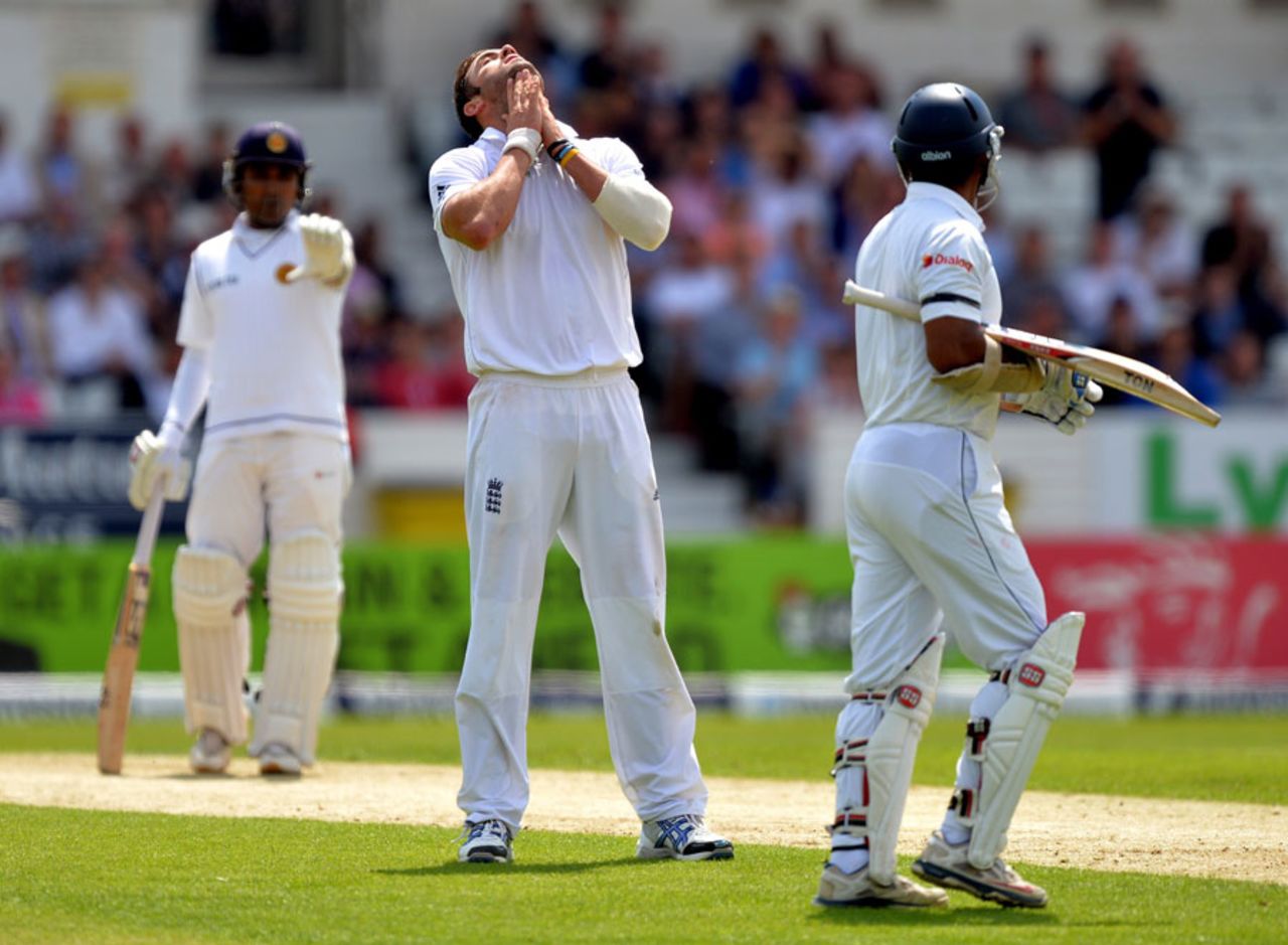 Liam Plunkett realises an edge off Kumar Sangakkara was not taken, England v Sri Lanka, 2nd Investec Test, Headingley, 1st day, June 20, 2014