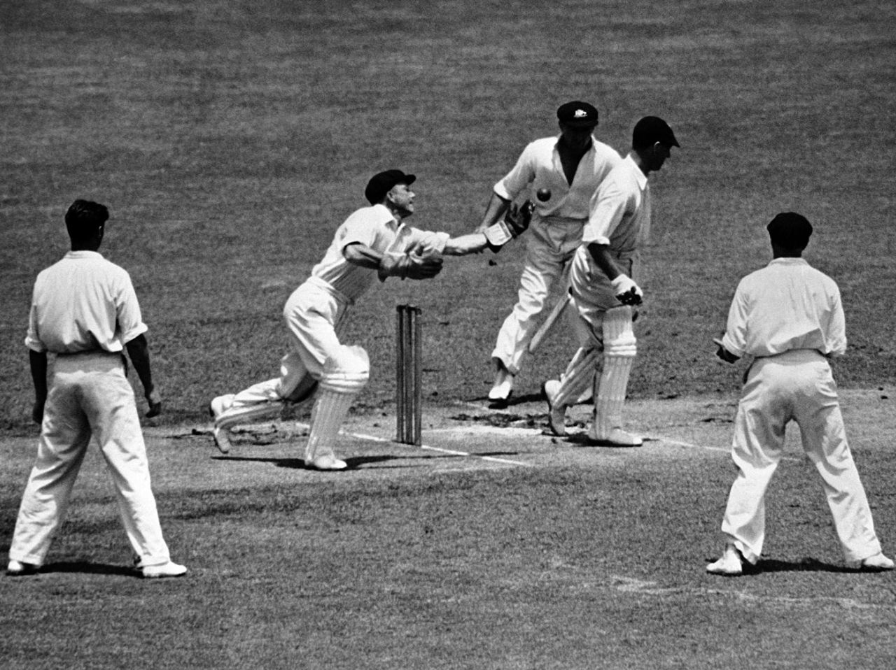 Don Tallon takes a catch to dismiss Doug Wright off the bowling of Ernie Toshack, Australia v England, 1st Test, Brisbane, 5th day, December 4, 1946
