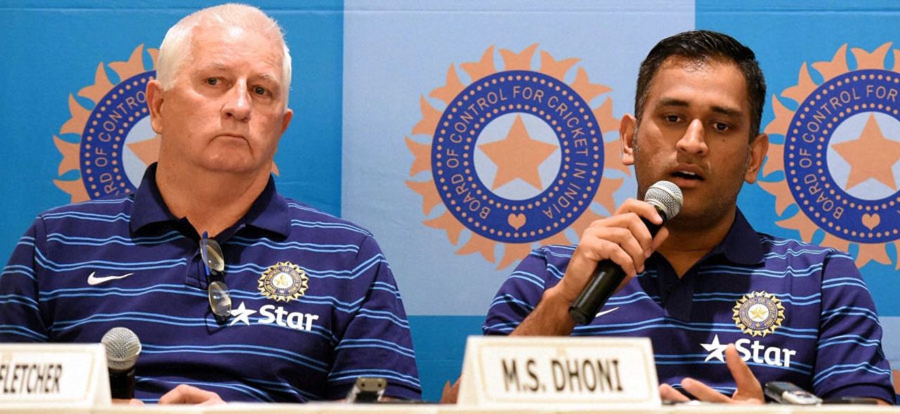 Duncan Fletcher and MS Dhoni at a pre-departure press conference before India's tour to England, Mumbai, June 21, 2014