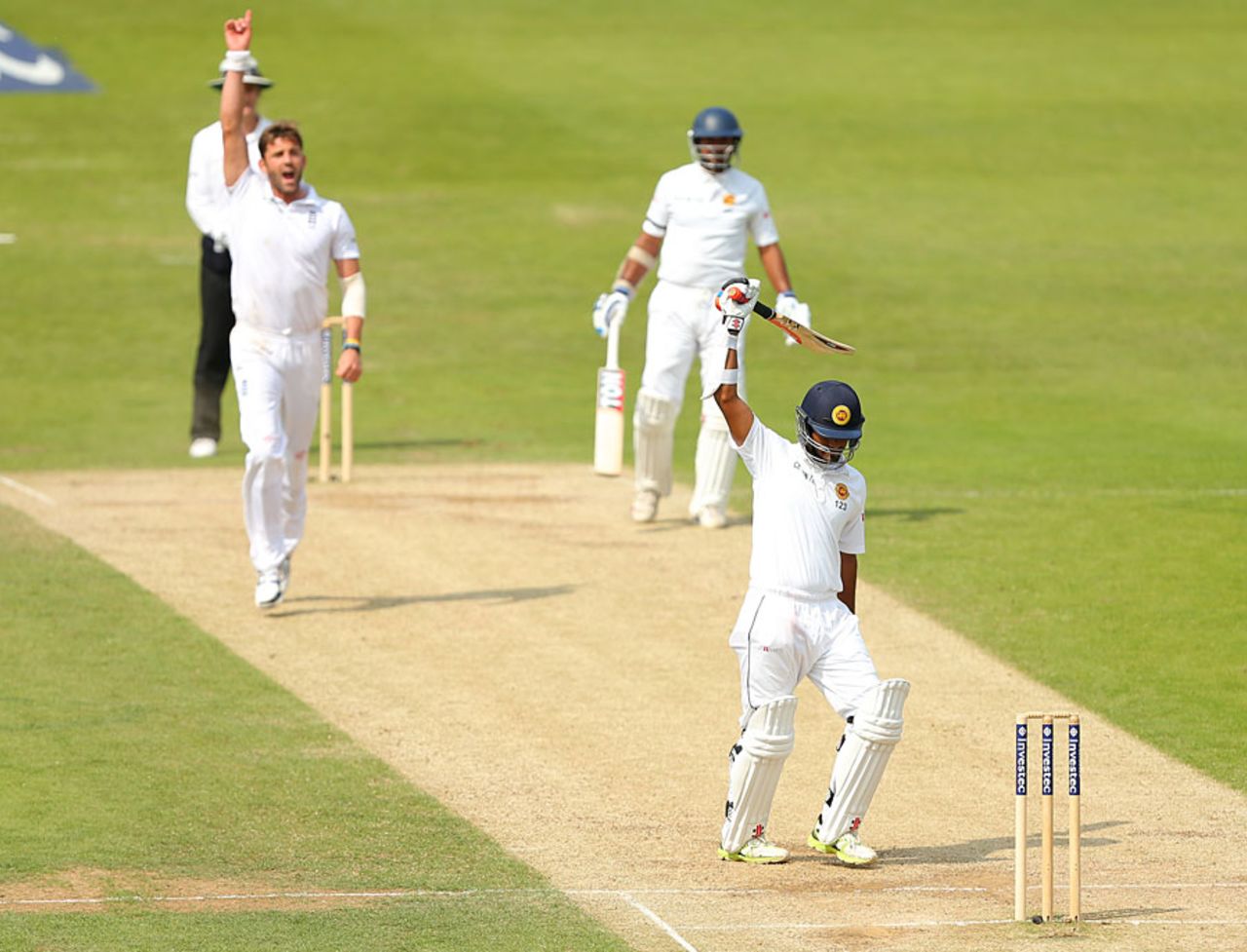 Dimuth Karunaratne gloved down the leg side, England v Sri Lanka, 2nd Investec Test, Headingley, 3rd day, June 22, 2014