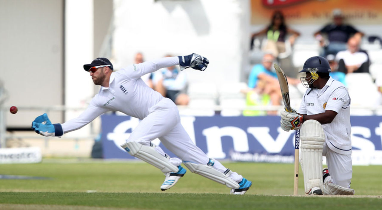 Matt Prior could not take a tricky chance off Rangana Herath, England v Sri Lanka, 2nd Investec Test, Headingley, 4th day, June 23, 2014