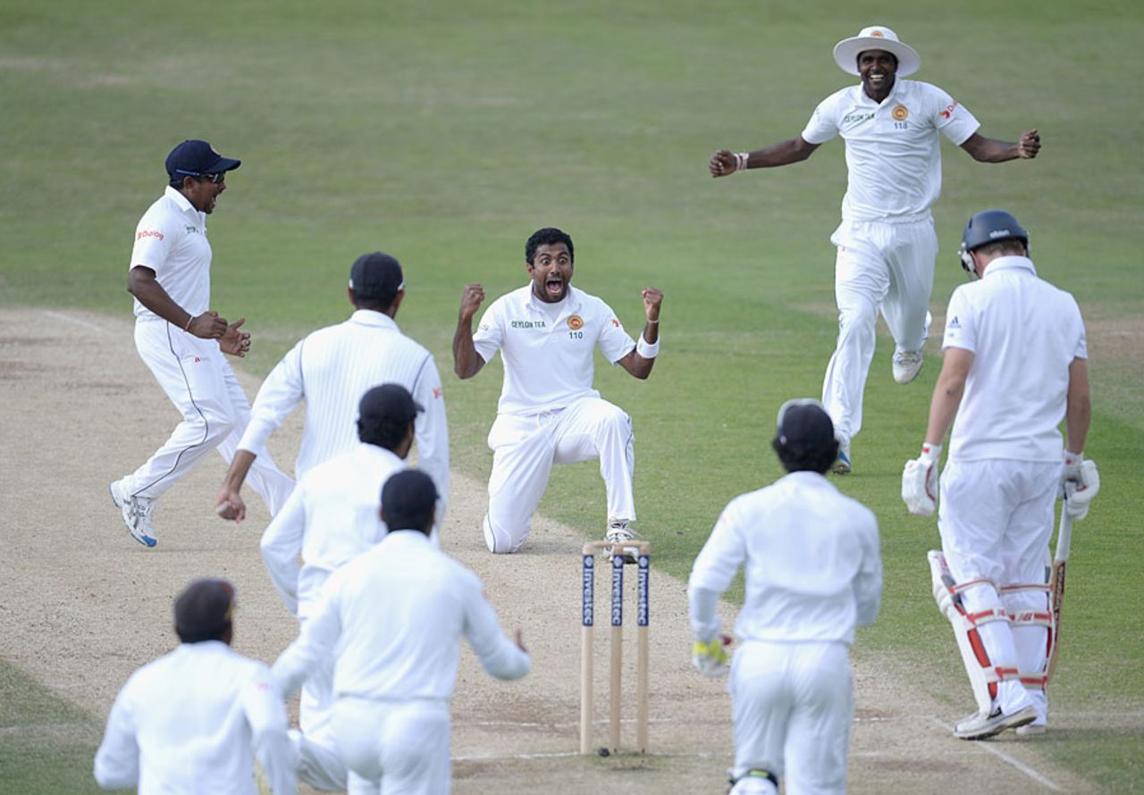 Dhammika Prasad shows his elation after trapping Gary Ballance first ball, England v Sri Lanka, 2nd Investec Test, Headingley, 4th day, June 23, 2014