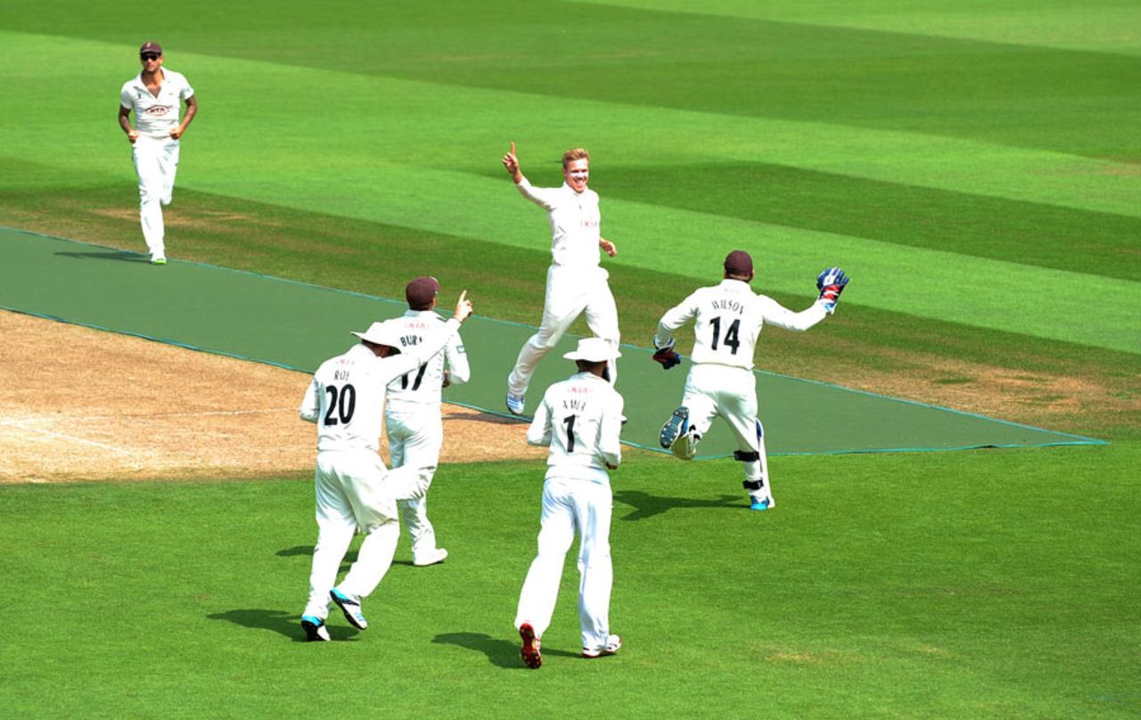 Matt Dunn celebrates a wicket, Surrey v Leicestershire, County Championship Division Two, The Oval, 3rd day, June 23, 2014