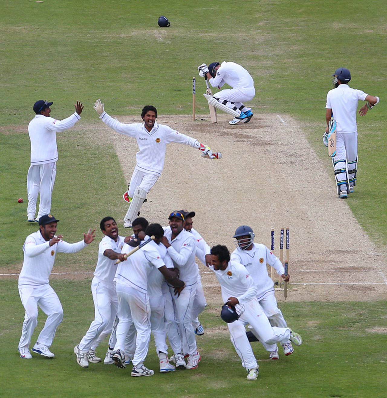 Sri Lanka begin their celebrations after clinching the last wicket, England v Sri Lanka, 2nd Investec Test, Headingley, 5th day, June 24, 2014