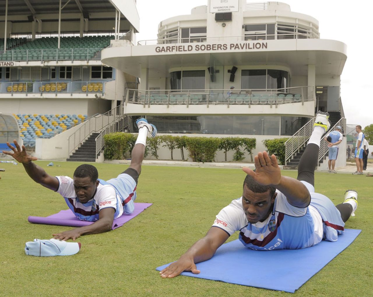 Jerome Taylor and Shannon Gabriel train ahead of the third Test against New Zealand, Bridgetown, June 24, 2014
