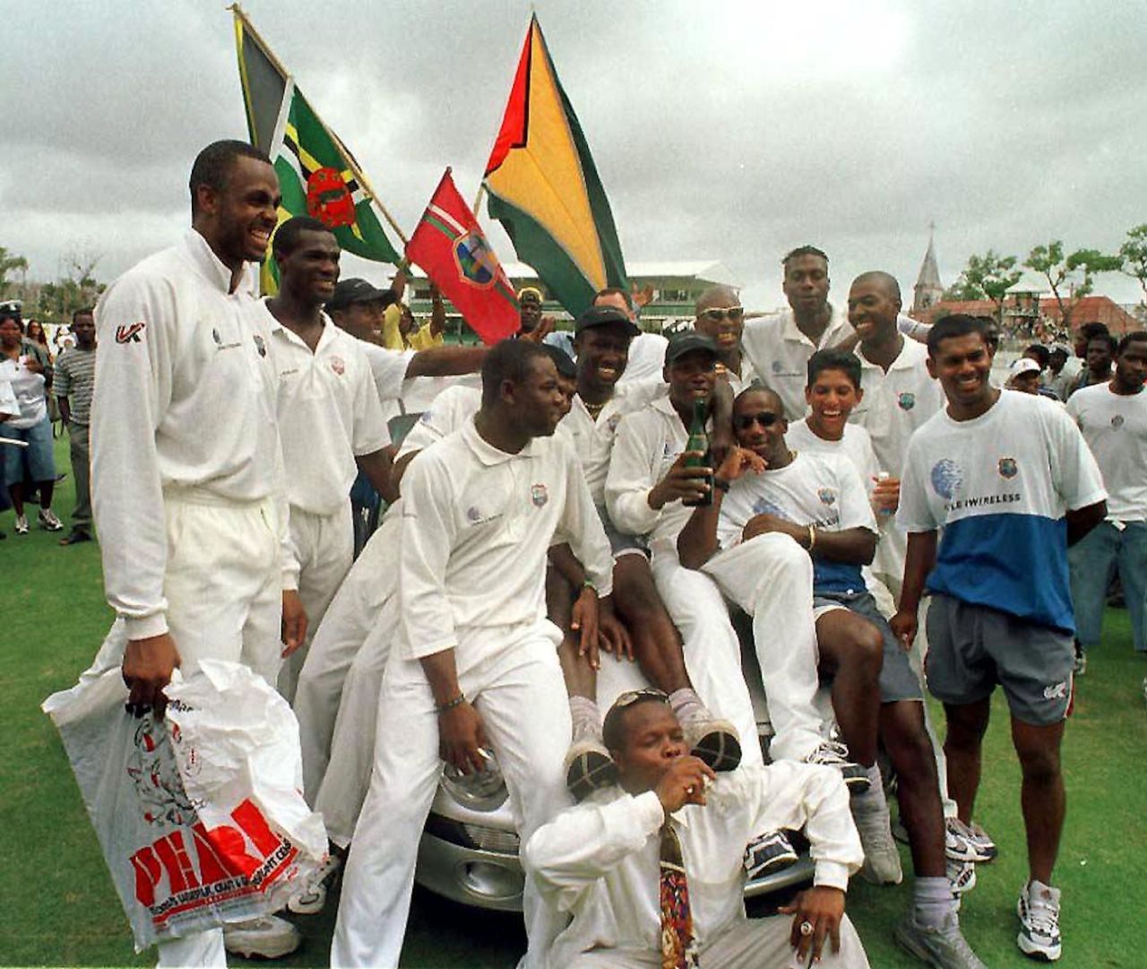 West Indies players celebrate their victory on the fifth day of the third and final Test match against Pakistan at the Antigua . Pakistan in West Indies 1999/00, 3rd Test, West Indies v Pakistan, Antigua Recreation Ground, St John's, Antigua, (25-29 May 2000) Day 5