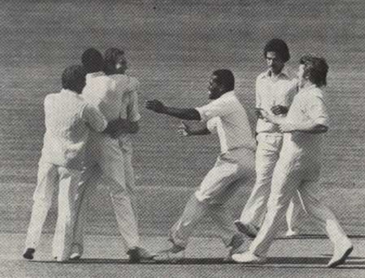 Malcolm Nash is congratulated by his team-mates after dismissing Middlesex captain Mike Brearley in the opening over of the Middlesex innings, Gillette Cup final, Lord's, September 3, 1977