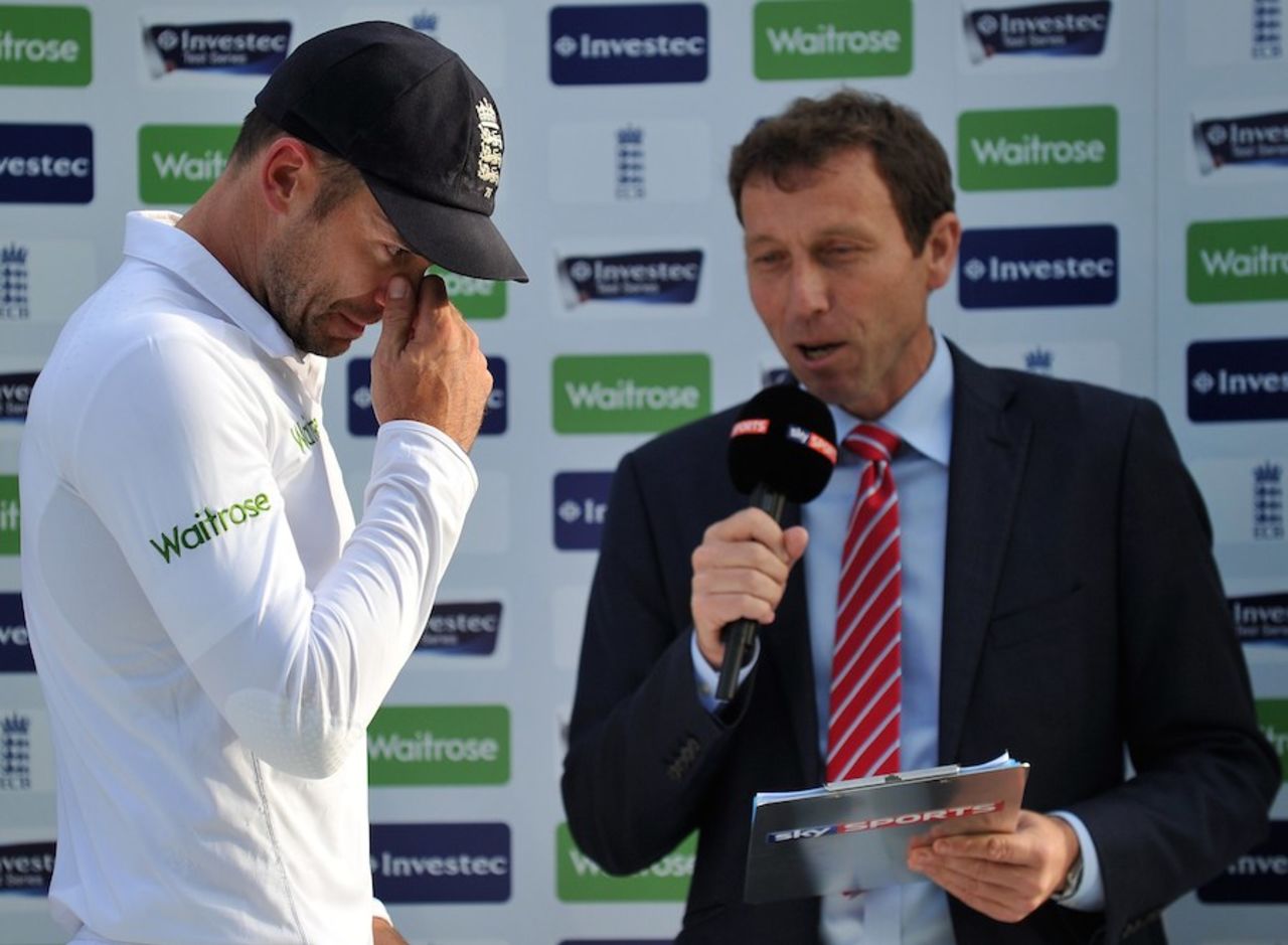 James Anderson breaks down during the post-match presentation, England v Sri Lanka, 2nd Investec Test, Headingley, 5th day, June 24, 2014