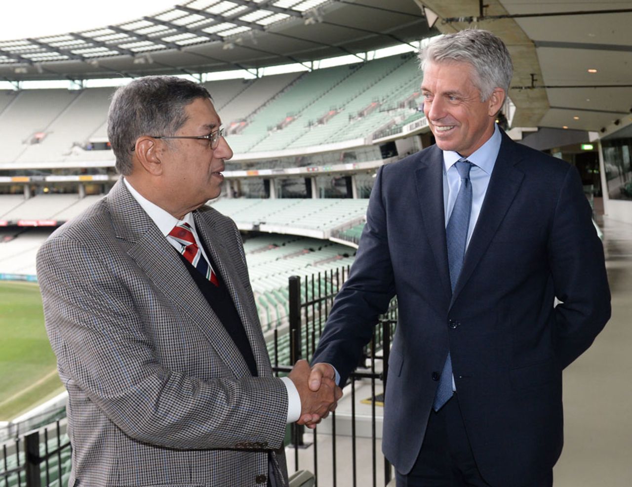 N Srinivasan and Dave Richardson after the ICC meeting, Melbourne, June 26, 2014